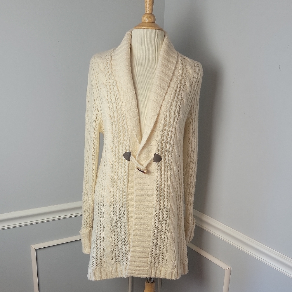 GAP Cream VTG Open Knit Toggle Closure Long Duster Boho Retro Cardigan Sweater L